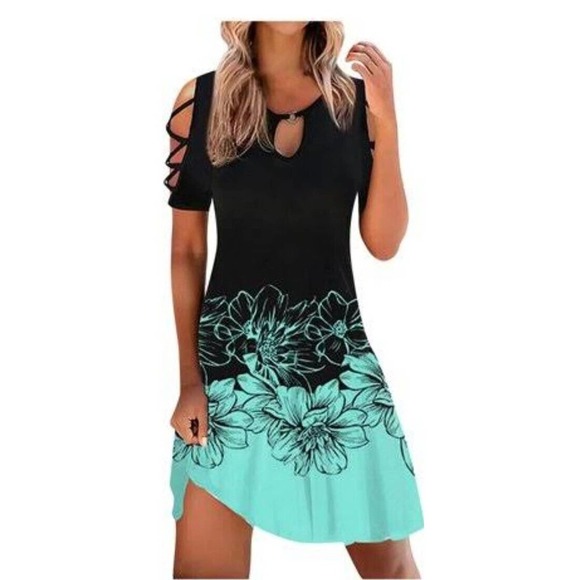 SHEIN Women Black & Blue Polyester Round Neck Short Sleeve Knee Length Dress L - Picture 11 of 11